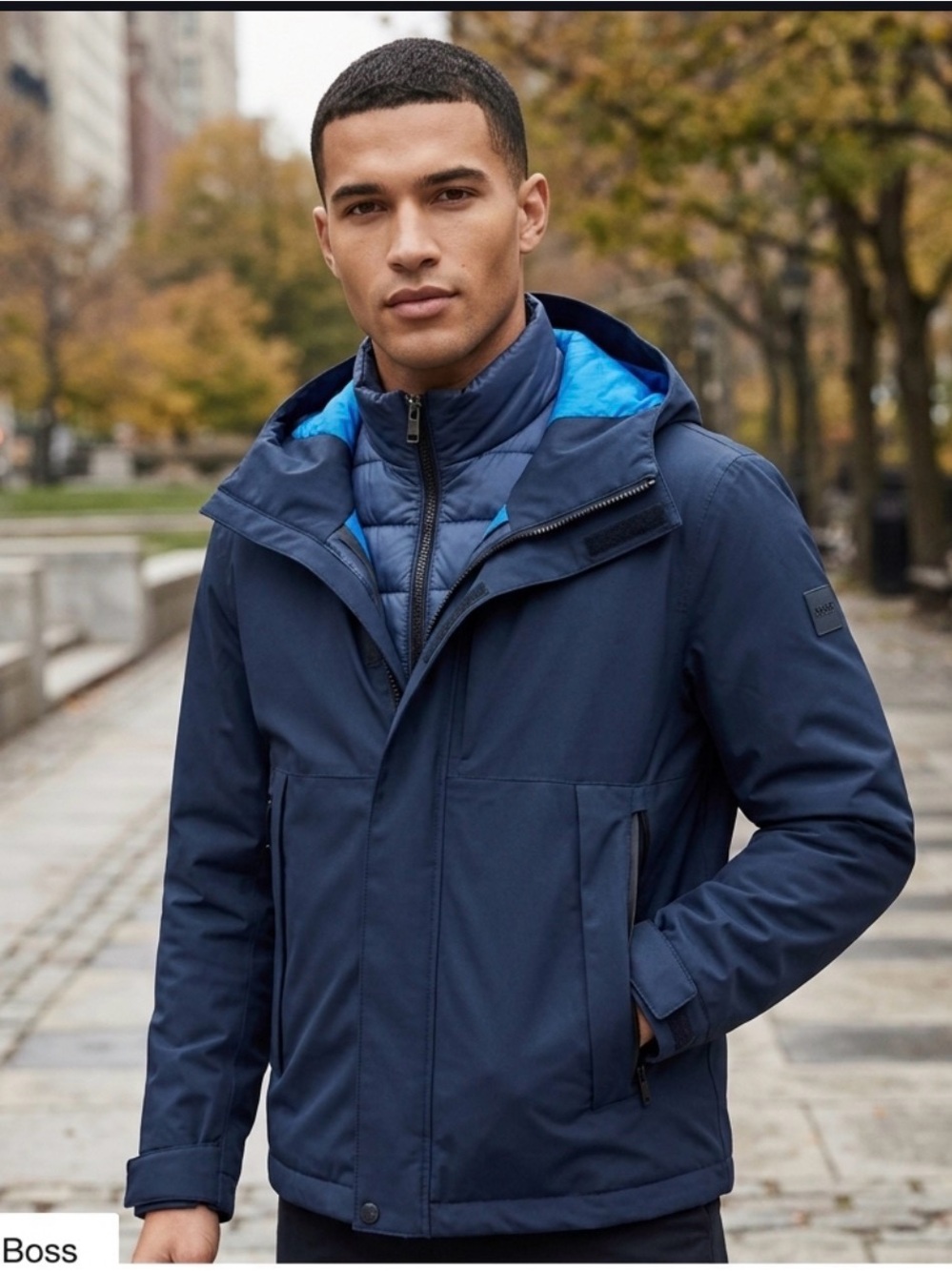 NEW Hugo Boss Navy Blue  Hooded Double-Layer 3 in 1 performance Jacket.